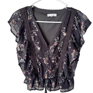 Coco + Jaimeson Floral Flutter Sleeve Peplum Blouse Charcoal Gray Pink Small